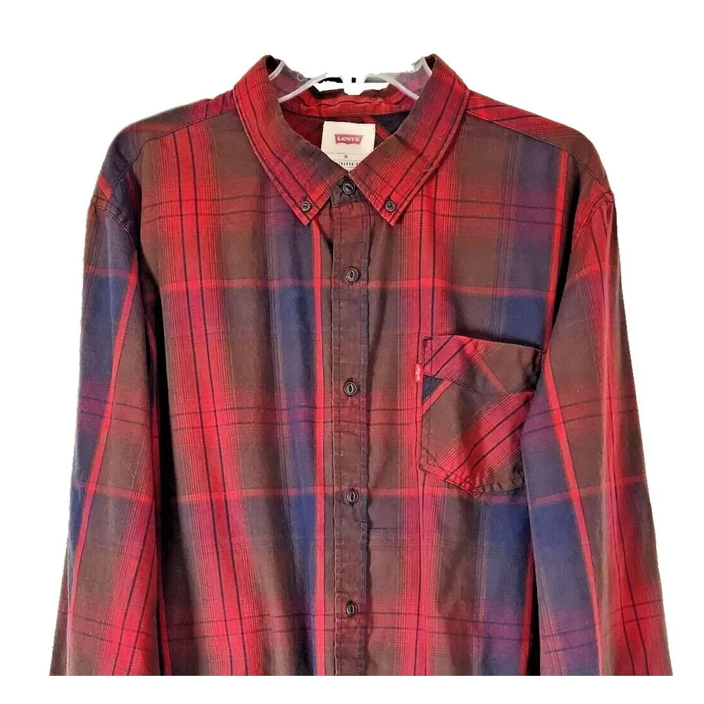 Levis Mens Size XL Button Down Long Sleeve Shirt Red‎ Blue Plaid